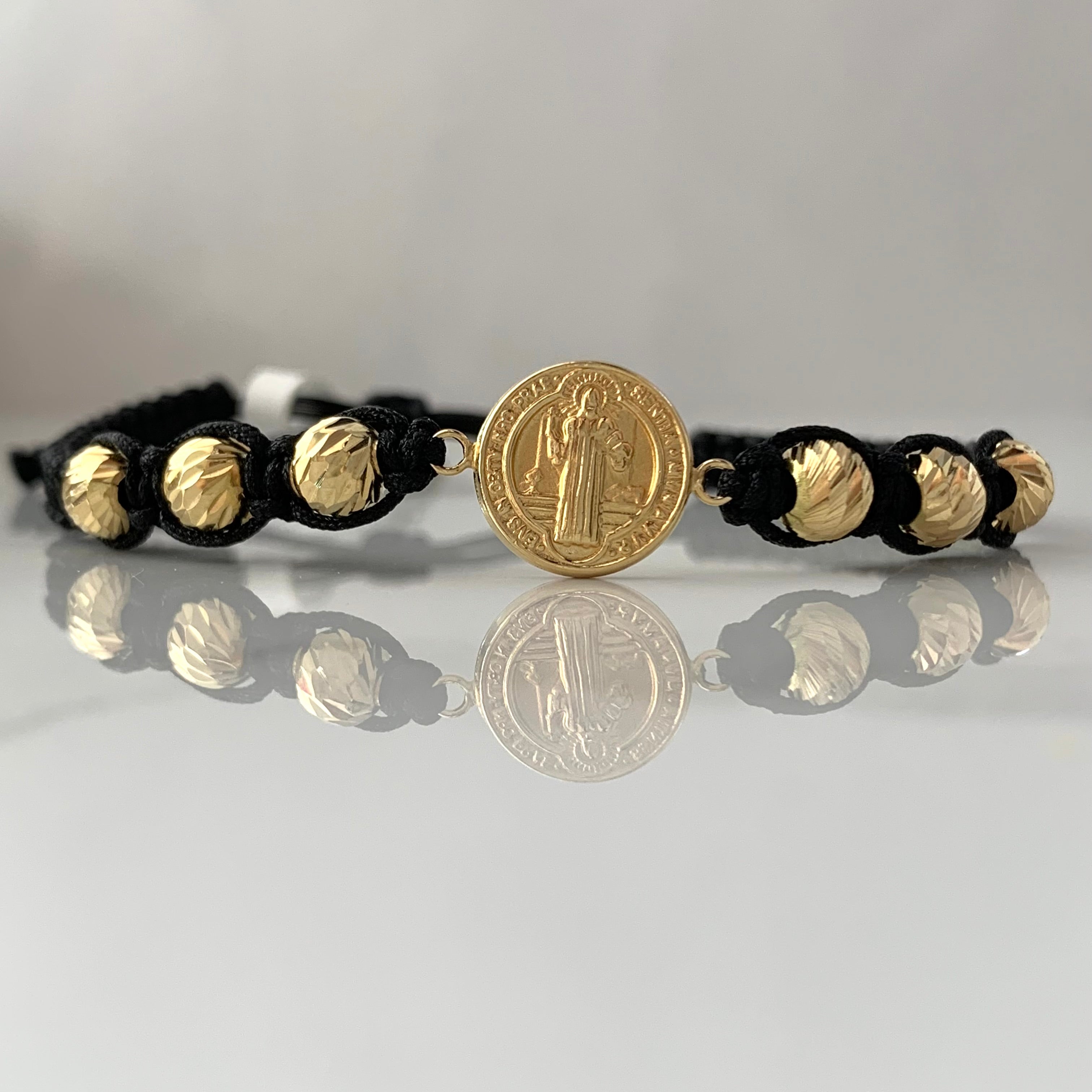 PULSERA TEJIDA NEGRA HERRAJE SAN BENITO ORO AMARILLO 18K BOLAS DIAMANTADAS 5MM-3MM2,24 GR / 6 CM