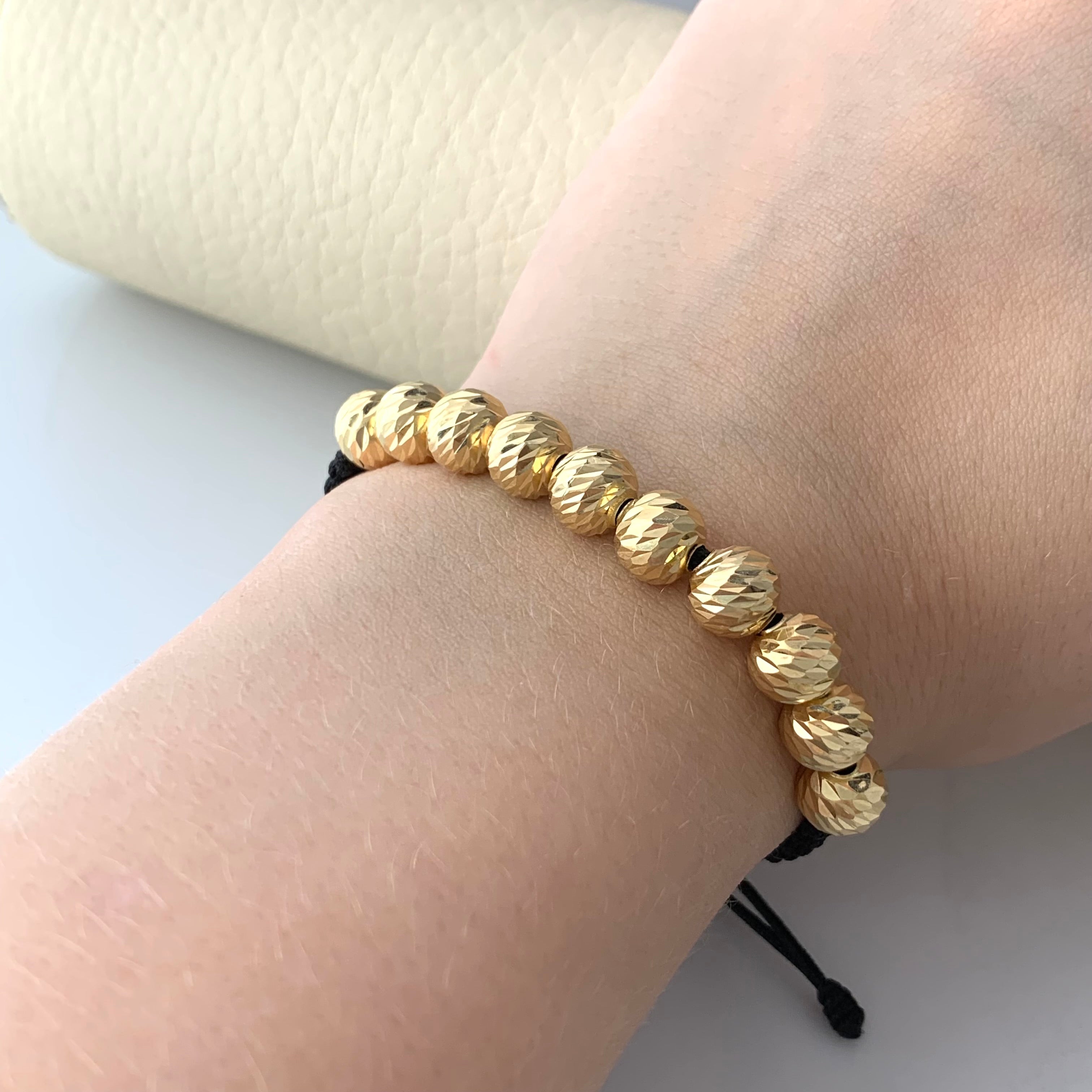 PULSERA TEJIDA NEGRA BOLA DIAMANTADA 8MM ORO AMARILLO 18K 3,75 GR BROCHE