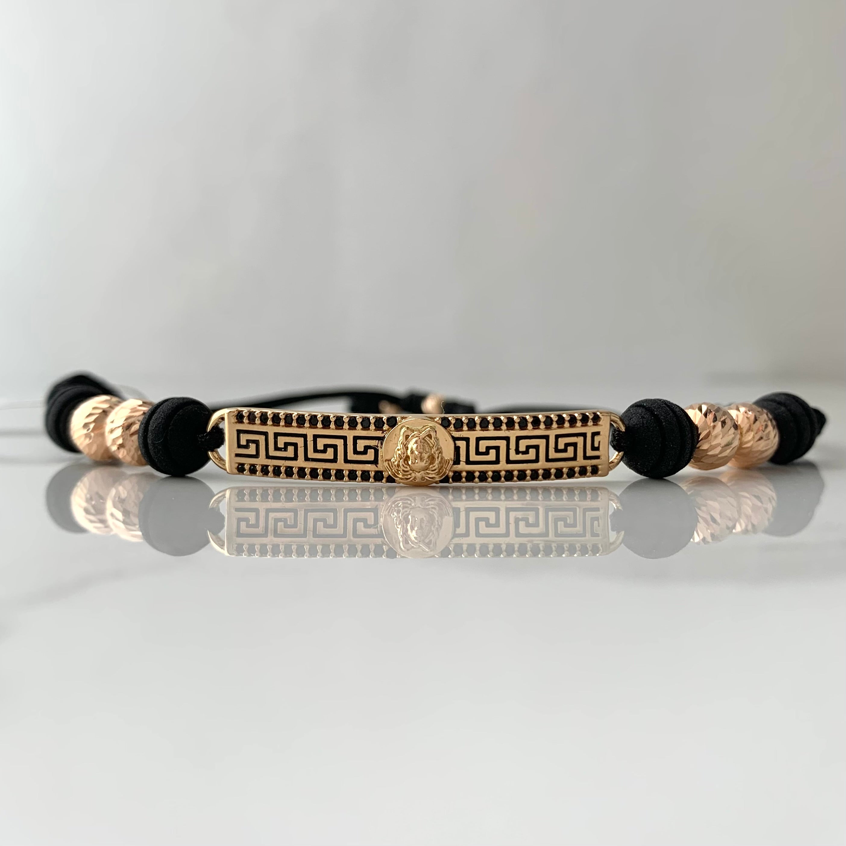 PULSERA TEJIDA NEGRA HERRAJE VS BOLAS DIAMANTADAS 7MM 4MM ORO ROSA  ORO AMARILLO 18K 4,44 GR BROCHE