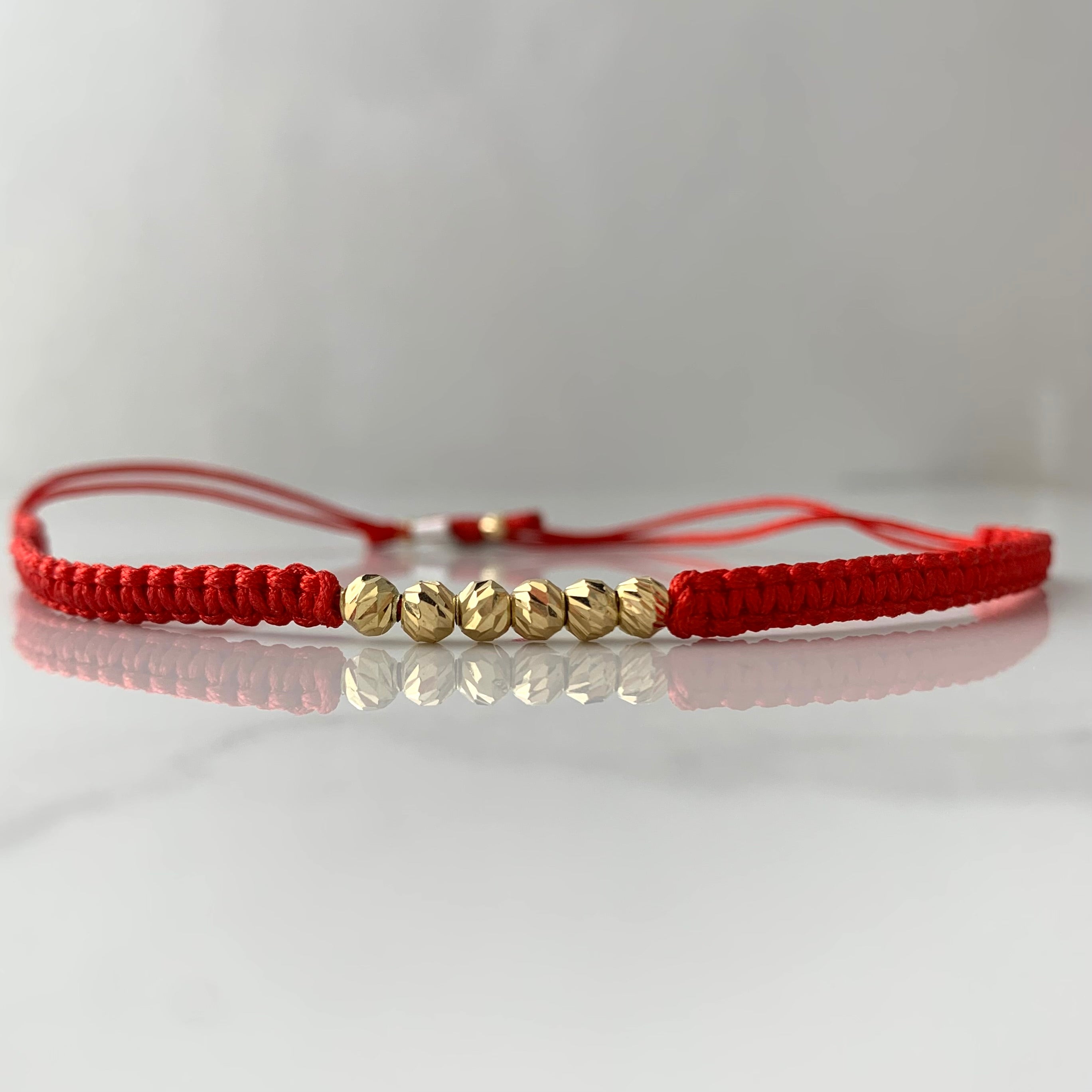 PULSERA TEJIDA ROJA BOLA DIAMANTADA 4MM 3MM  ORO AMARILLO 18K 0,74 GR