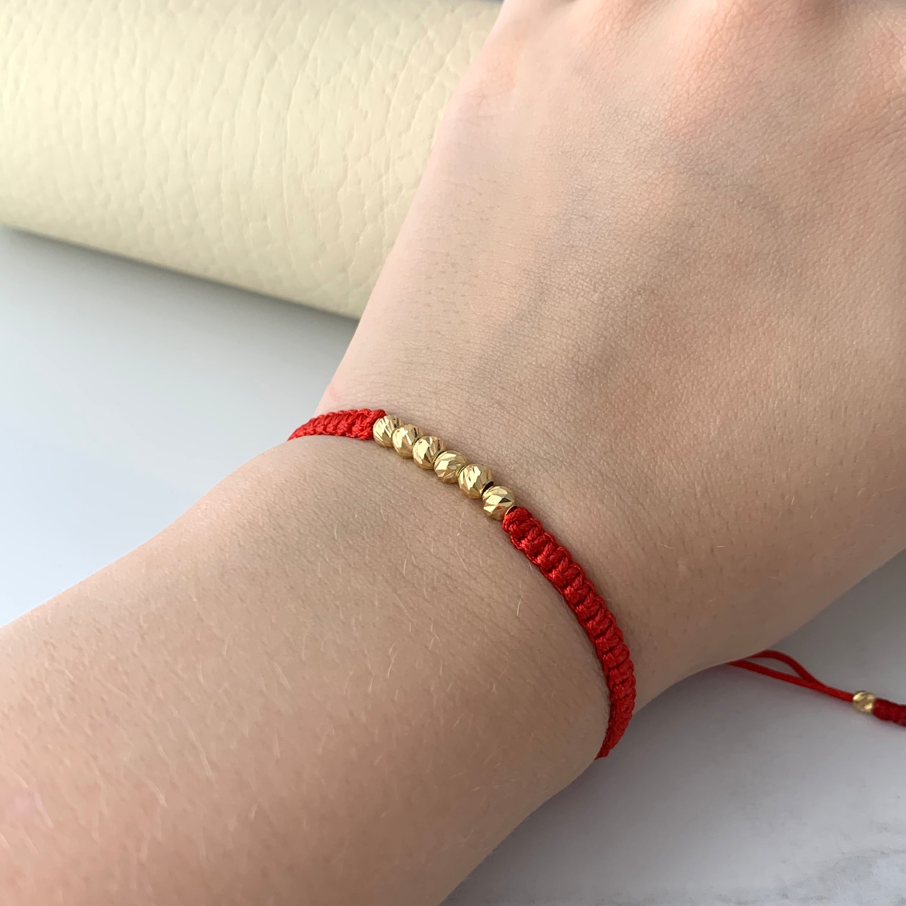 PULSERA TEJIDA ROJA BOLA DIAMANTADA 4MM 3MM  ORO AMARILLO 18K 0,74 GR